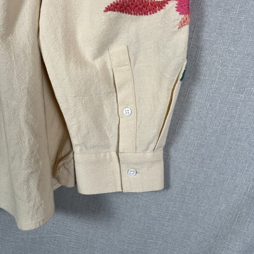 Sezane Maxy Top Shirt Oversized Beige Fits 16 & Up Floral Embroidered Button Up - Picture 9 of 15